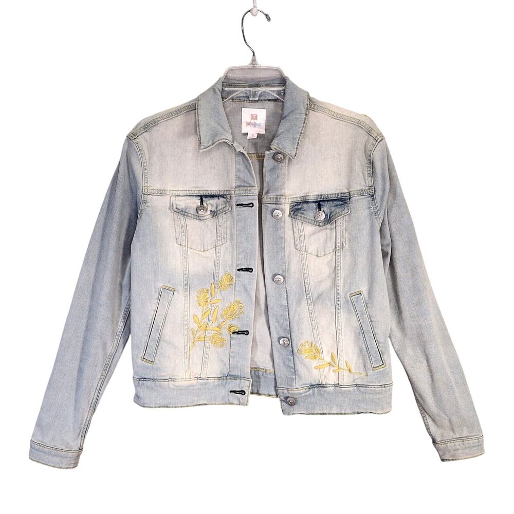 Lularoe Jean Jacket Womens Small Light Blue Denim Yellow Floral Embroidered